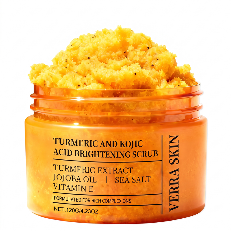 Open jar of Verra Skin Turmeric and Kojic Acid Brightening Scrub